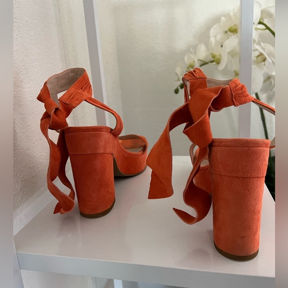 Dee Keller Leah Platform Tie Suede Sandal Heels in Orange. Size 38. - Picture 7 of 7